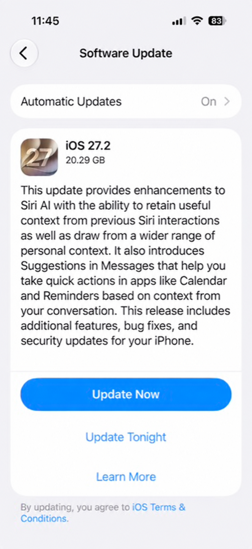 Software Update on iPhone showing iOS 27.2, its release notes, and the Update Now button.