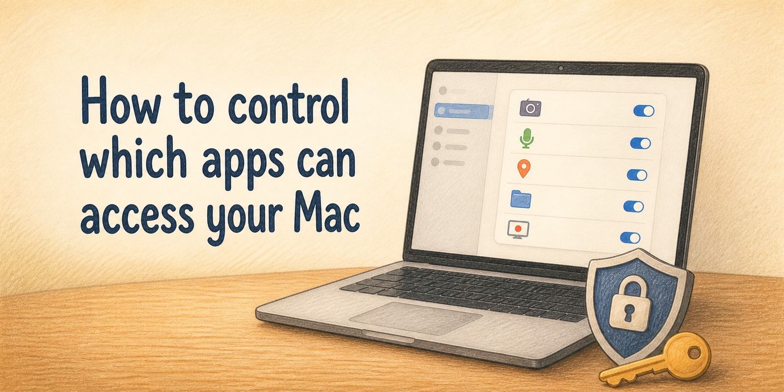 Colored-pencil illustration of a Mac permissions panel beside a shield and key, with the title How to control which apps can access your Mac