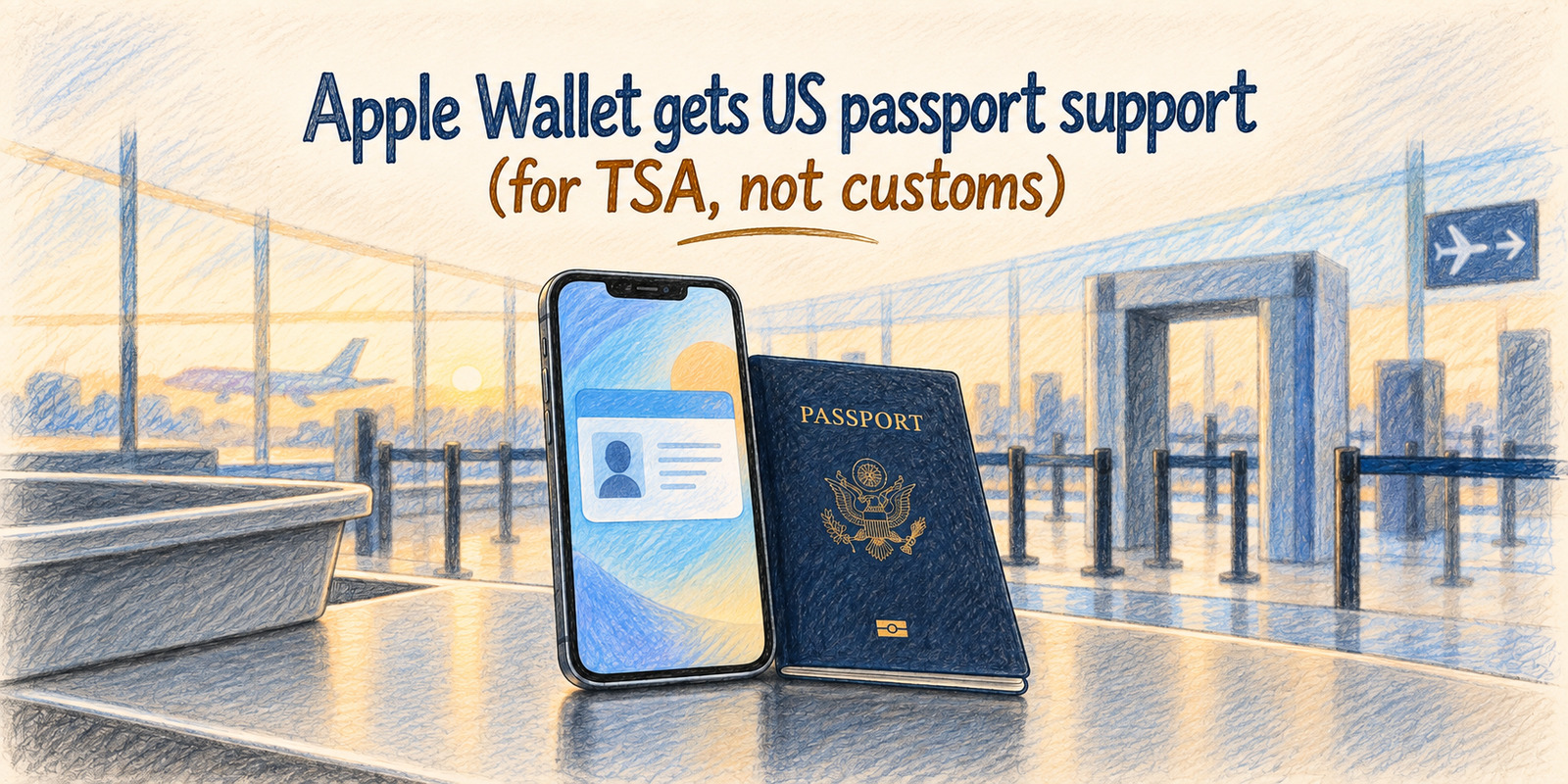 Colored pencil illustration of an iPhone showing a digital ID beside a U.S. passport at an airport security checkpoint, below the article title.