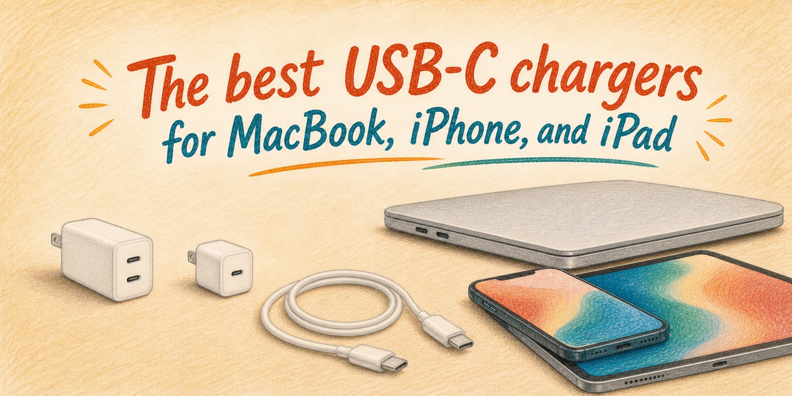 Colored-pencil illustration of two compact USB-C chargers beside a coiled cable, MacBook, iPhone, and iPad, with the article title