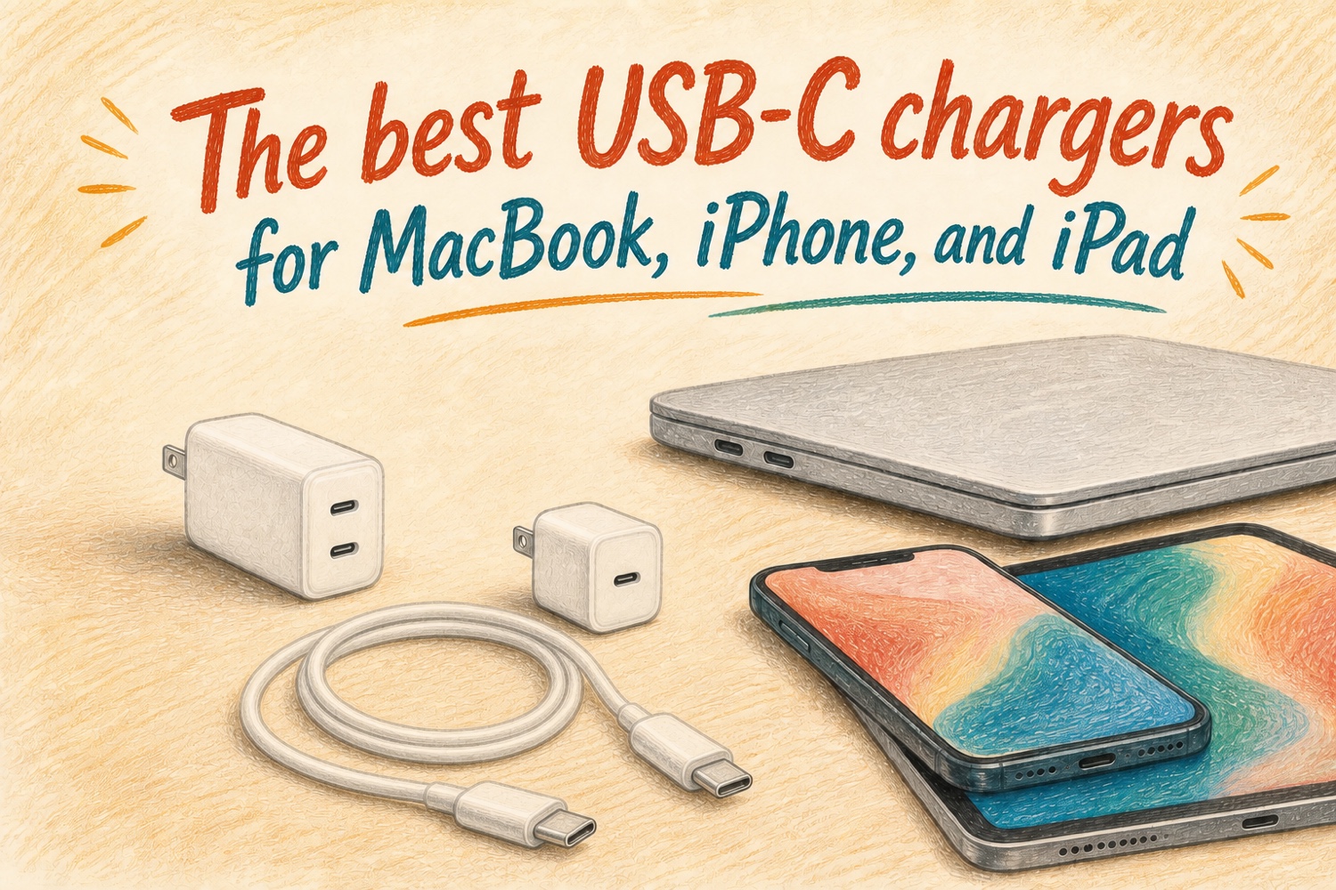 Colored-pencil illustration of two compact USB-C chargers beside a coiled cable, MacBook, iPhone, and iPad, with the article title