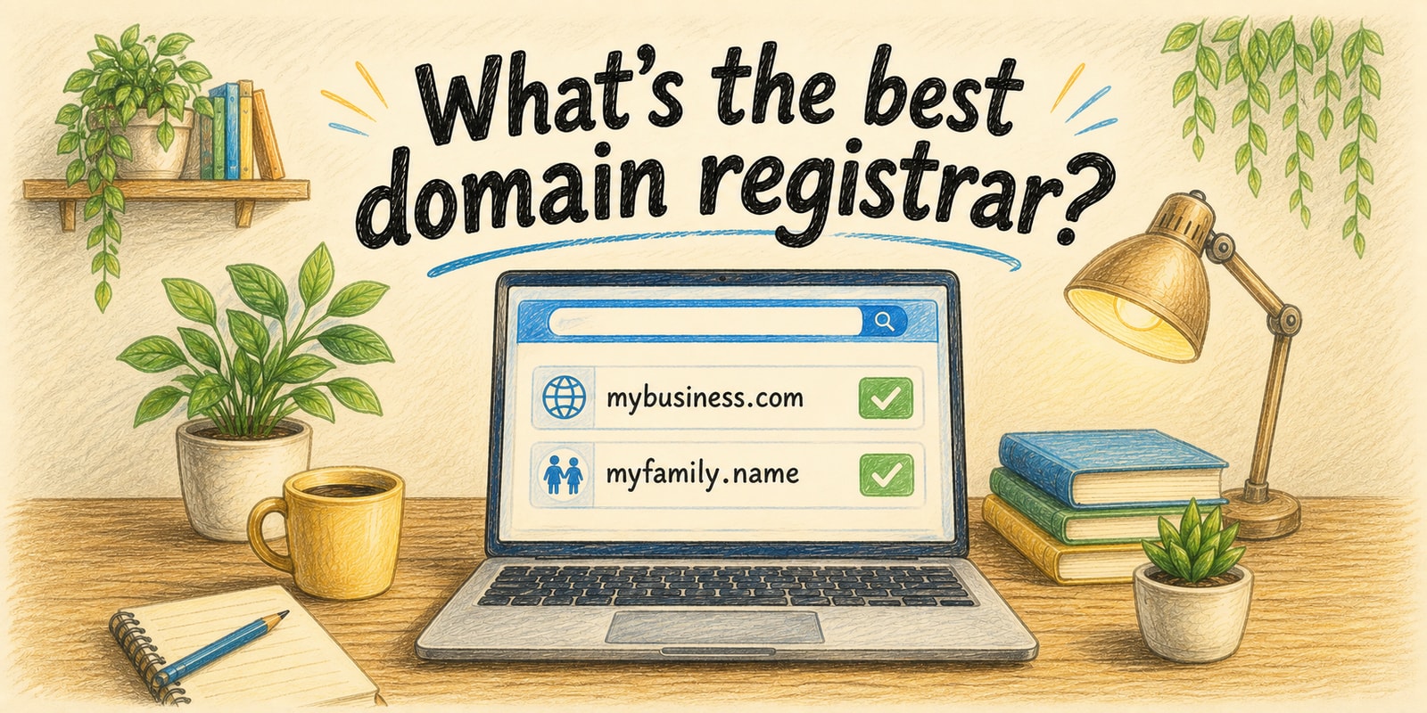 A colored pencil illustration of a laptop showing a domain registration page on a wooden desk, website is labeled with example domain names, with the post title displayed above