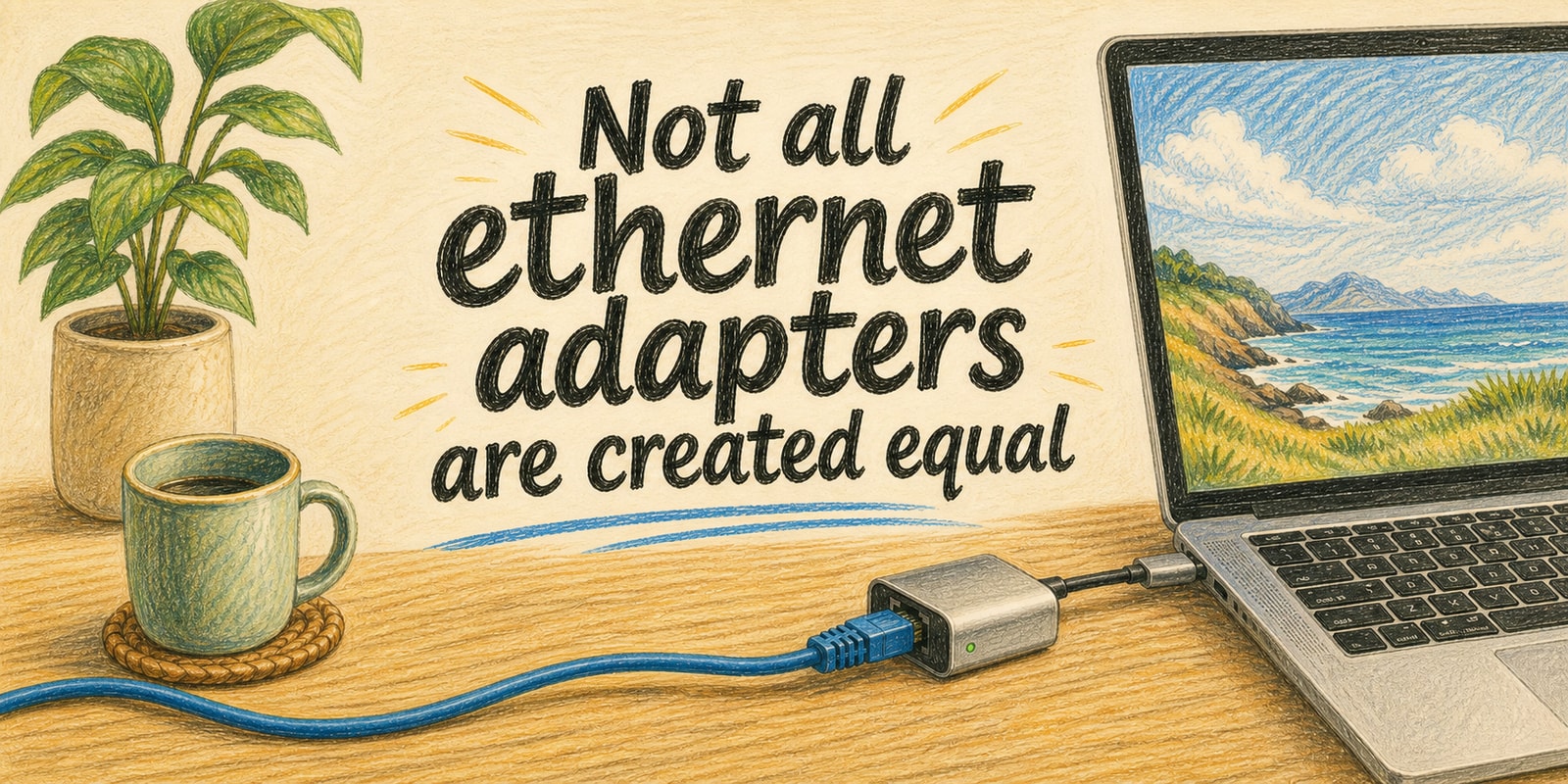 A colored pencil illustration of a MacBook on a wooden desk with an ethernet cable and adapter, with the post title hand-lettered across the center.