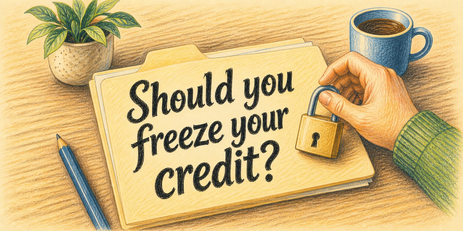 Colored pencil illustration of a padlock placed on a folder on a wooden desk, representing a credit freeze