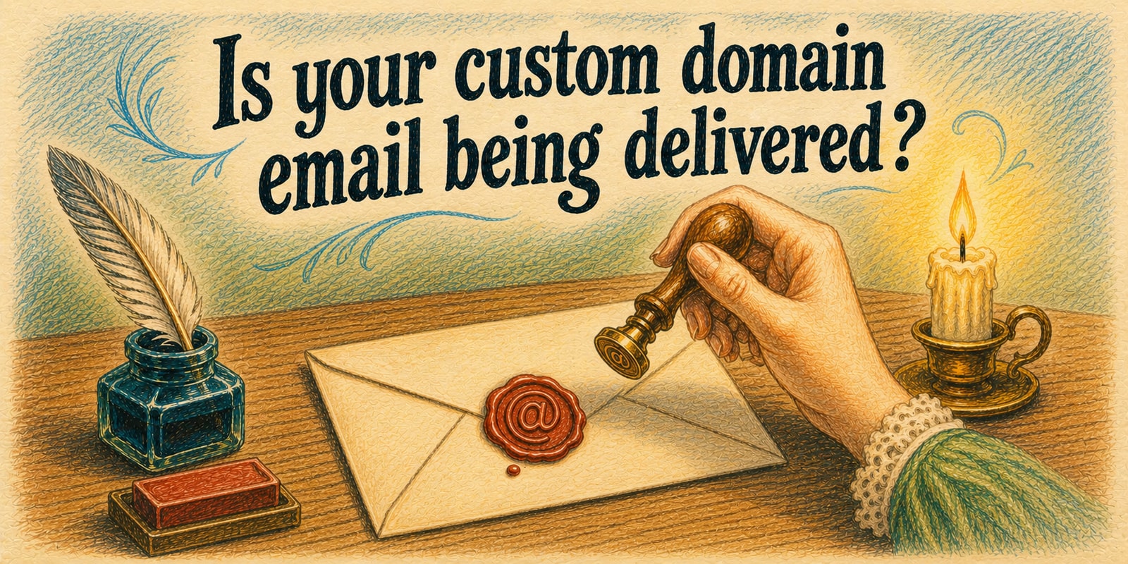 A colored pencil sketch of an old fashioned wax letter seal with the 'at' symbol being pressed onto a letter. The text reads "Is your custom domain email being delivered?"