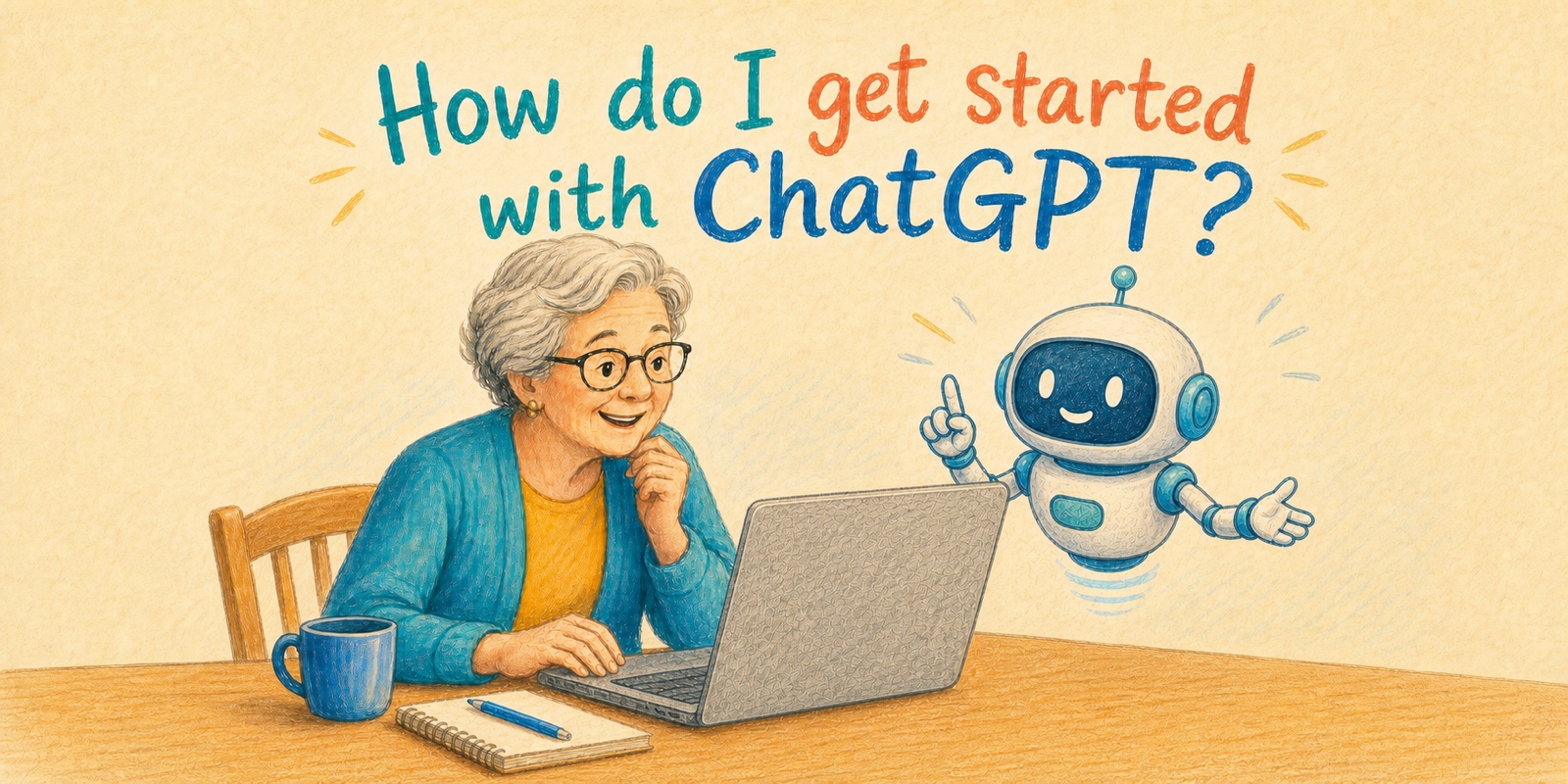 Colored-pencil illustration of an older woman using a laptop beside a friendly floating robot, with the title How do I get started with ChatGPT?