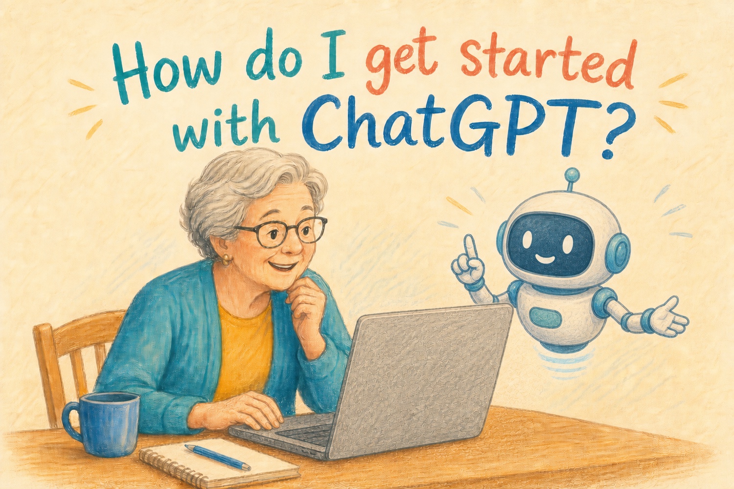 Colored-pencil illustration of an older woman using a laptop beside a friendly floating robot, with the title How do I get started with ChatGPT?