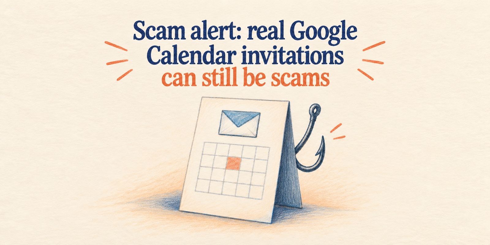 Calendar invitation with a fishing hook, illustrating scam content inside a genuine invitation.