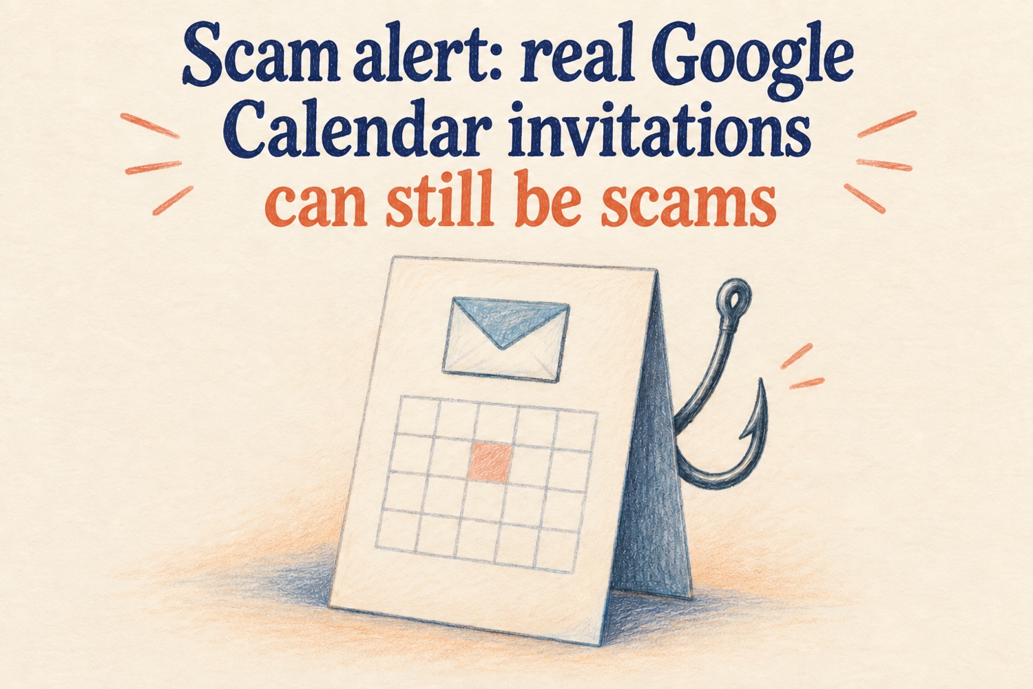 Calendar invitation with a fishing hook, illustrating scam content inside a genuine invitation.