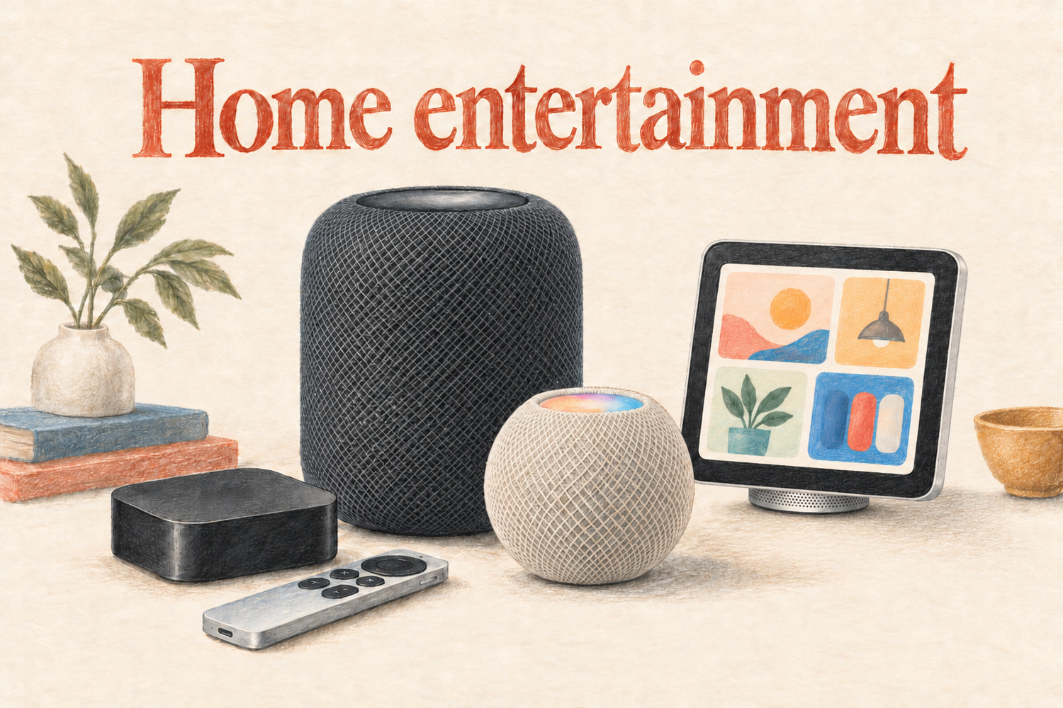 Colored-pencil still life of an Apple TV box and remote, two HomePod speakers, and a HomeView display beneath the title Home entertainment.
