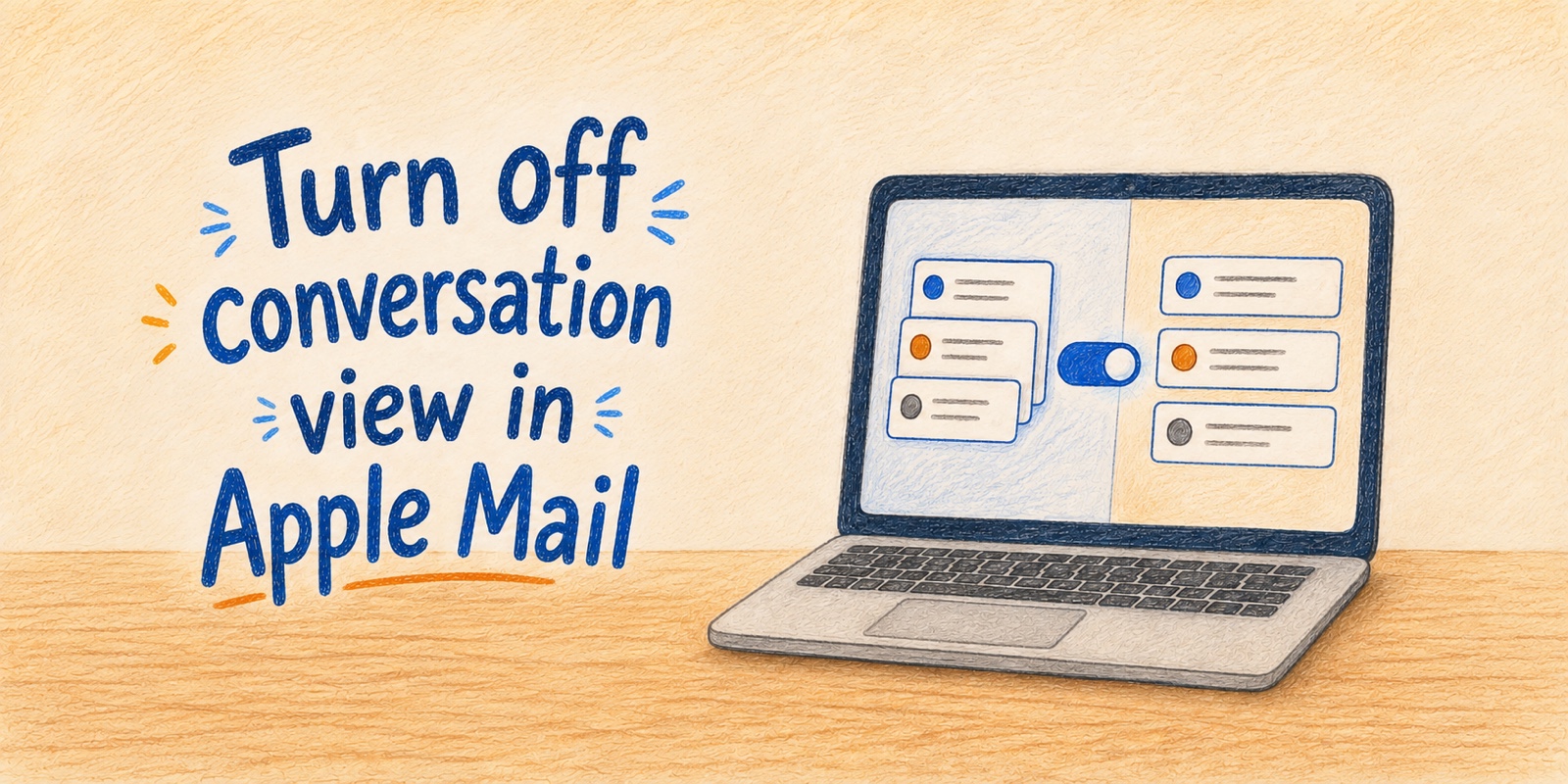 Colored-pencil illustration of a laptop comparing grouped email messages with separate messages