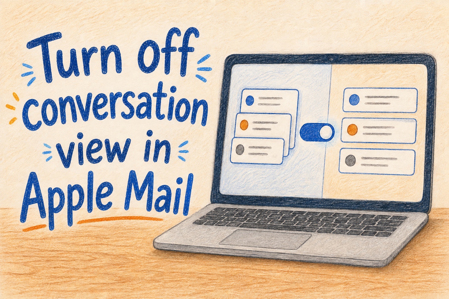 Colored-pencil illustration of a laptop comparing grouped email messages with separate messages