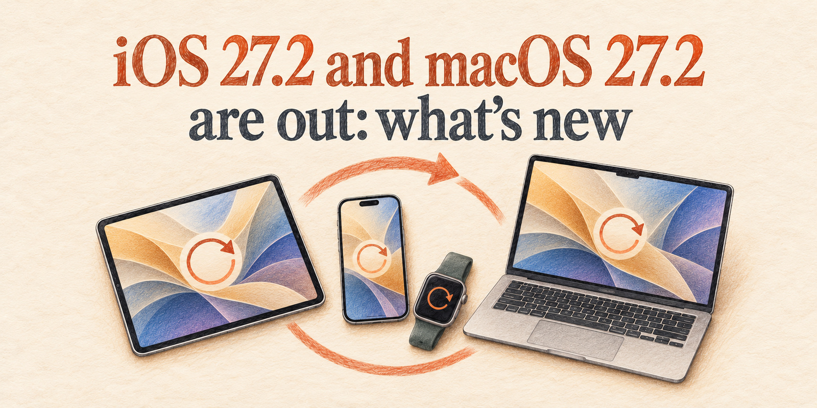Colored-pencil illustration of an iPad, iPhone, Apple Watch, and Mac with update arrows beneath the article title.