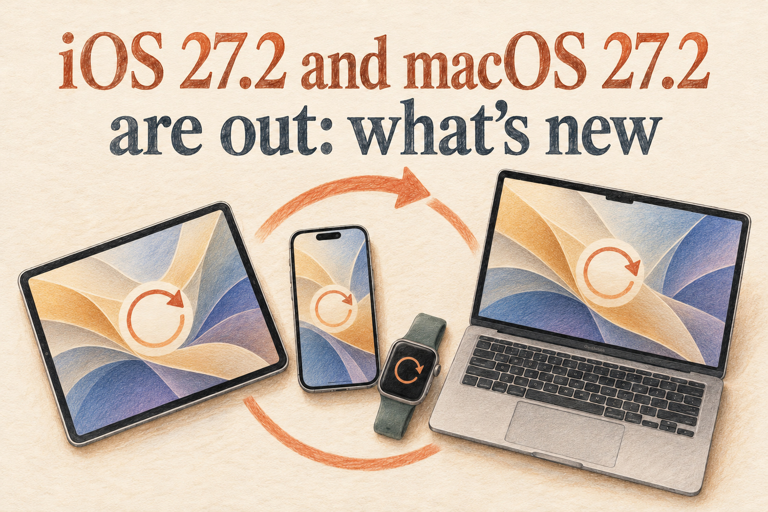 Colored-pencil illustration of an iPad, iPhone, Apple Watch, and Mac with update arrows beneath the article title.