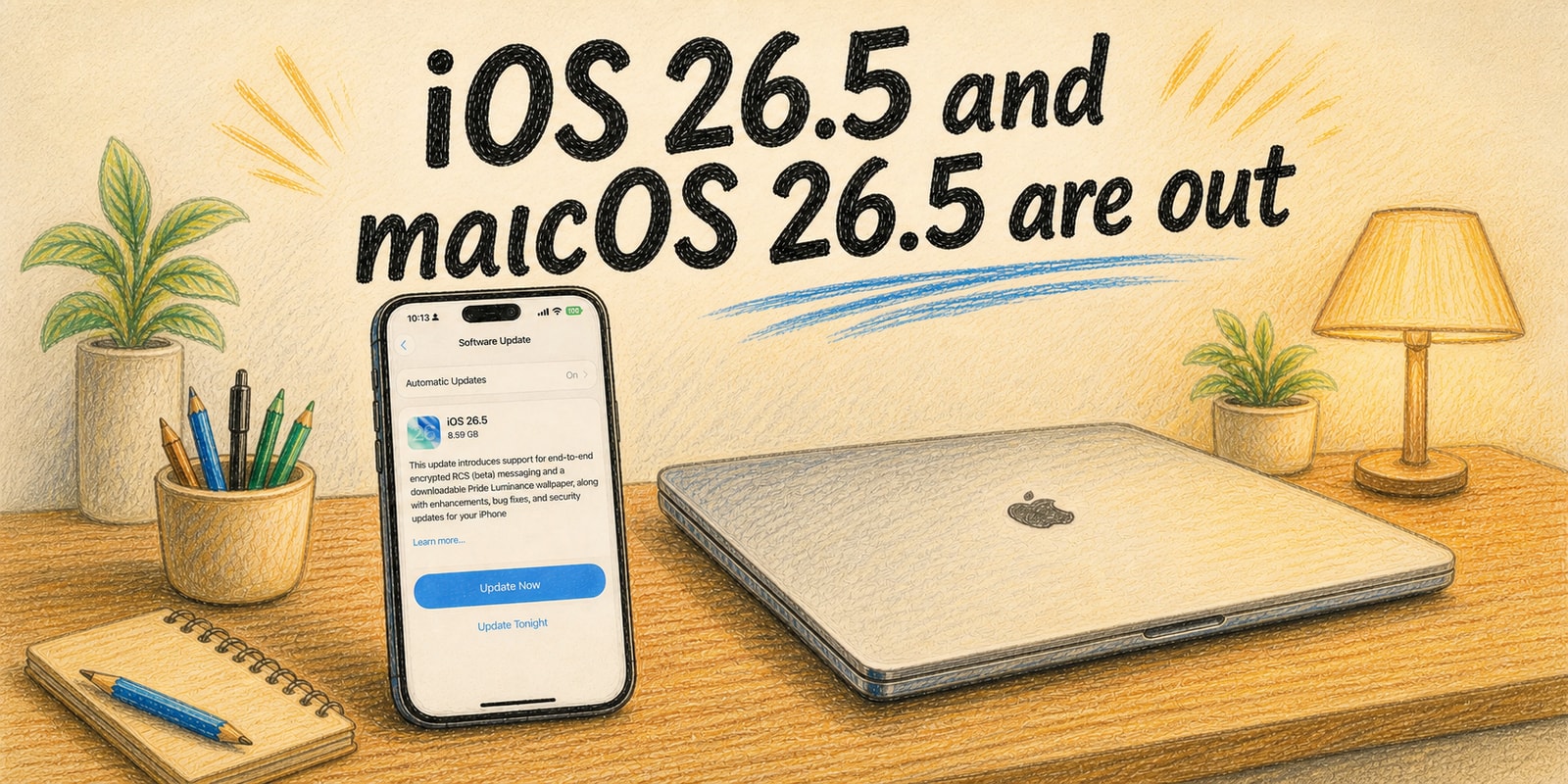 An iPhone showing the iOS 26.5 Software Update beside a Mac, with the title iOS 26.5 and macOS 26.5 are out