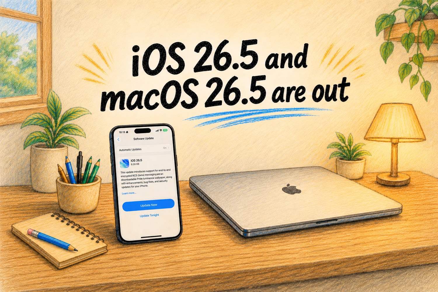An iPhone showing the iOS 26.5 Software Update beside a Mac, with the title iOS 26.5 and macOS 26.5 are out