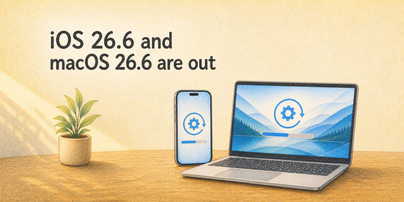 An iPhone and Mac showing software update progress beside the title iOS 26.6 and macOS 26.6 are out