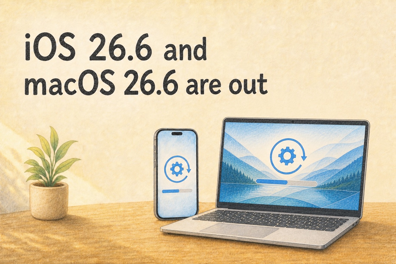 An iPhone and Mac showing software update progress beside the title iOS 26.6 and macOS 26.6 are out
