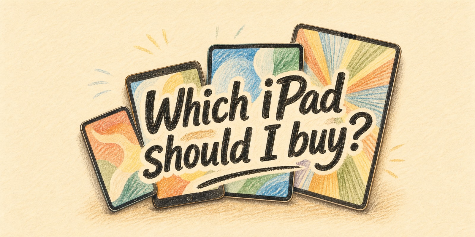Colored pencil illustration of the four current iPad models arranged by size, with the hand-lettered headline 'Which iPad should I buy?' across the center.