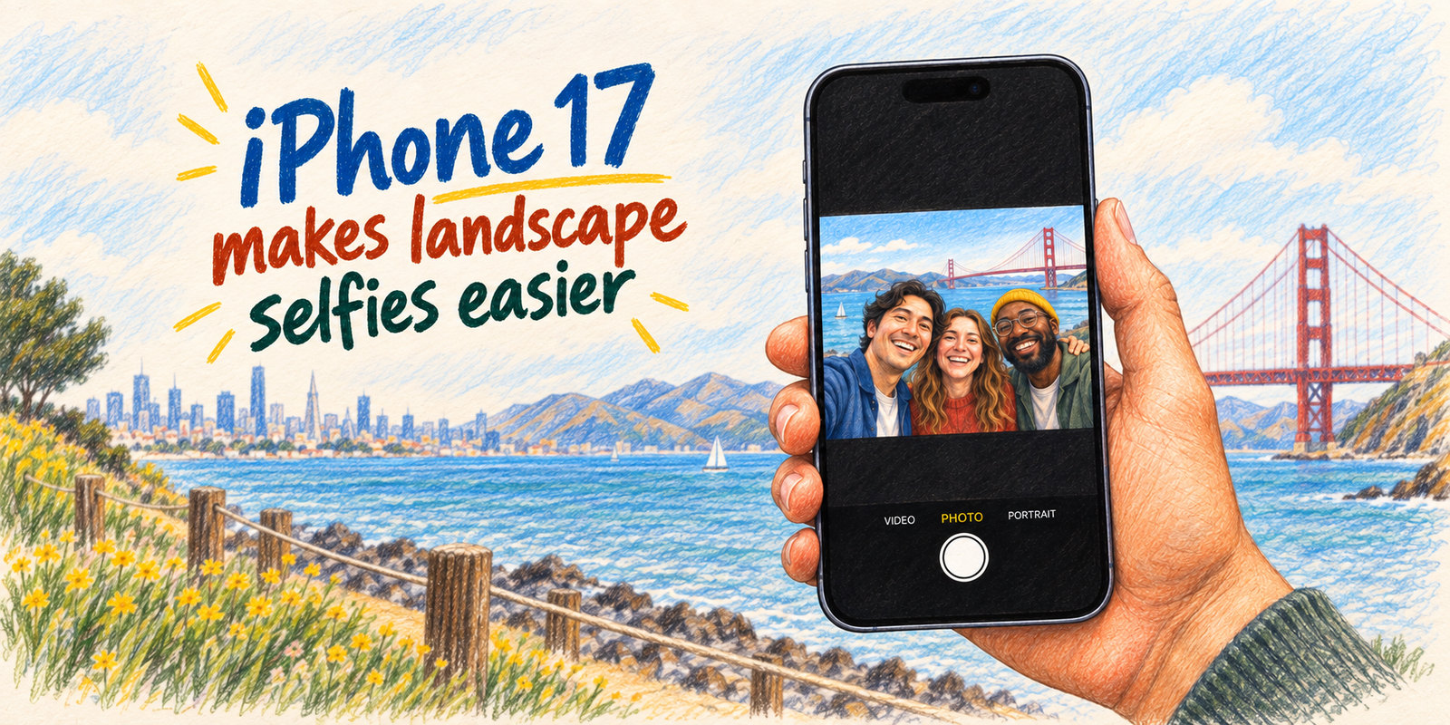 An iPhone 17 camera framing a landscape selfie with the title iPhone 17 makes landscape selfies easier