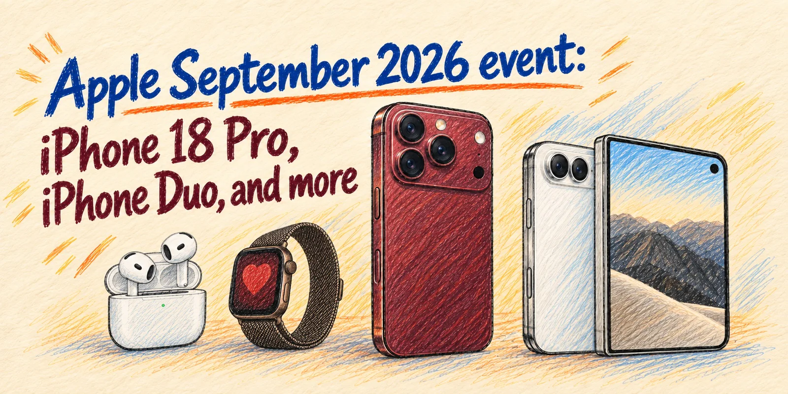 Colored-pencil illustration of iPhone 18 Pro and the folding iPhone Duo, with AirPods 5 and Apple Watch in the wide versions, beneath the title Apple September 2026 event: iPhone 18 Pro, iPhone Duo, and more