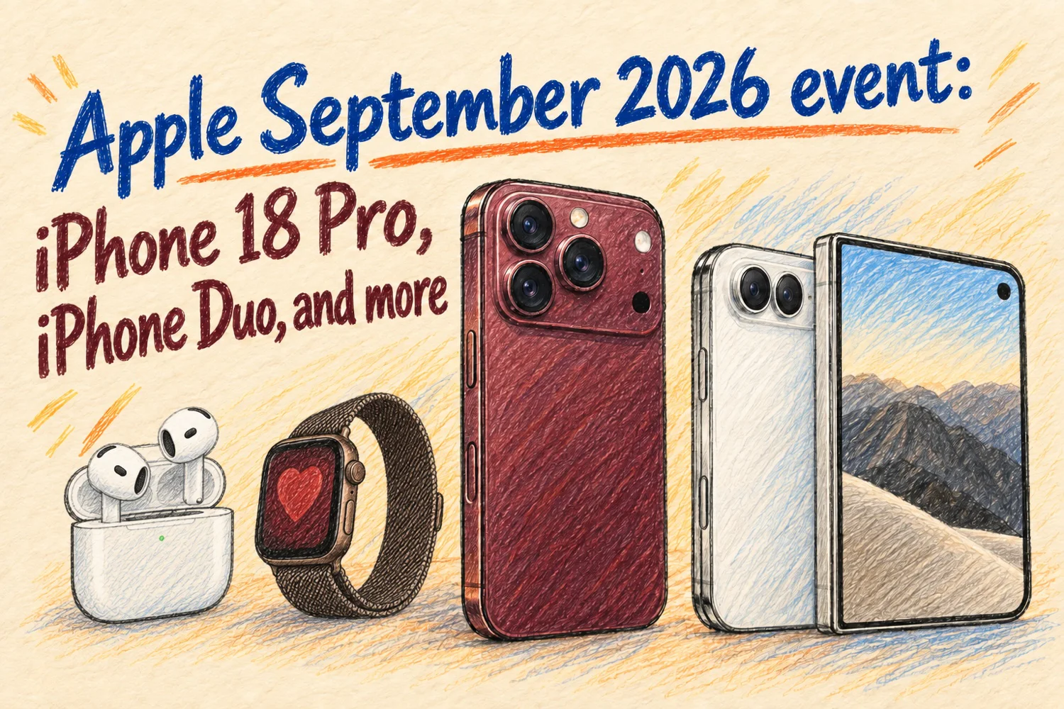 Colored-pencil illustration of iPhone 18 Pro and the folding iPhone Duo, with AirPods 5 and Apple Watch in the wide versions, beneath the title Apple September 2026 event: iPhone 18 Pro, iPhone Duo, and more