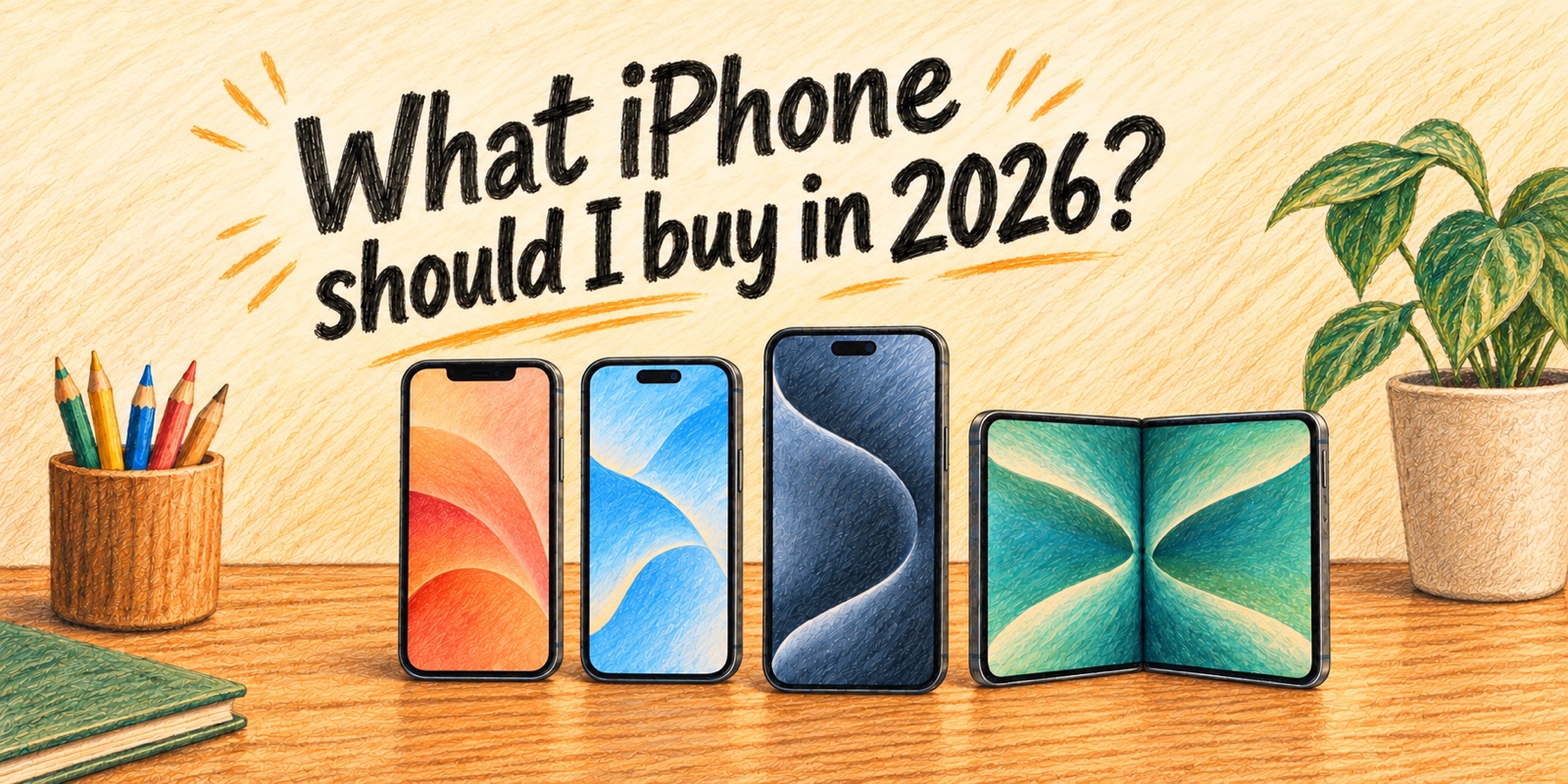 Colored-pencil illustration of four current iPhone models, including a foldable, with the title What iPhone should I buy in 2026?