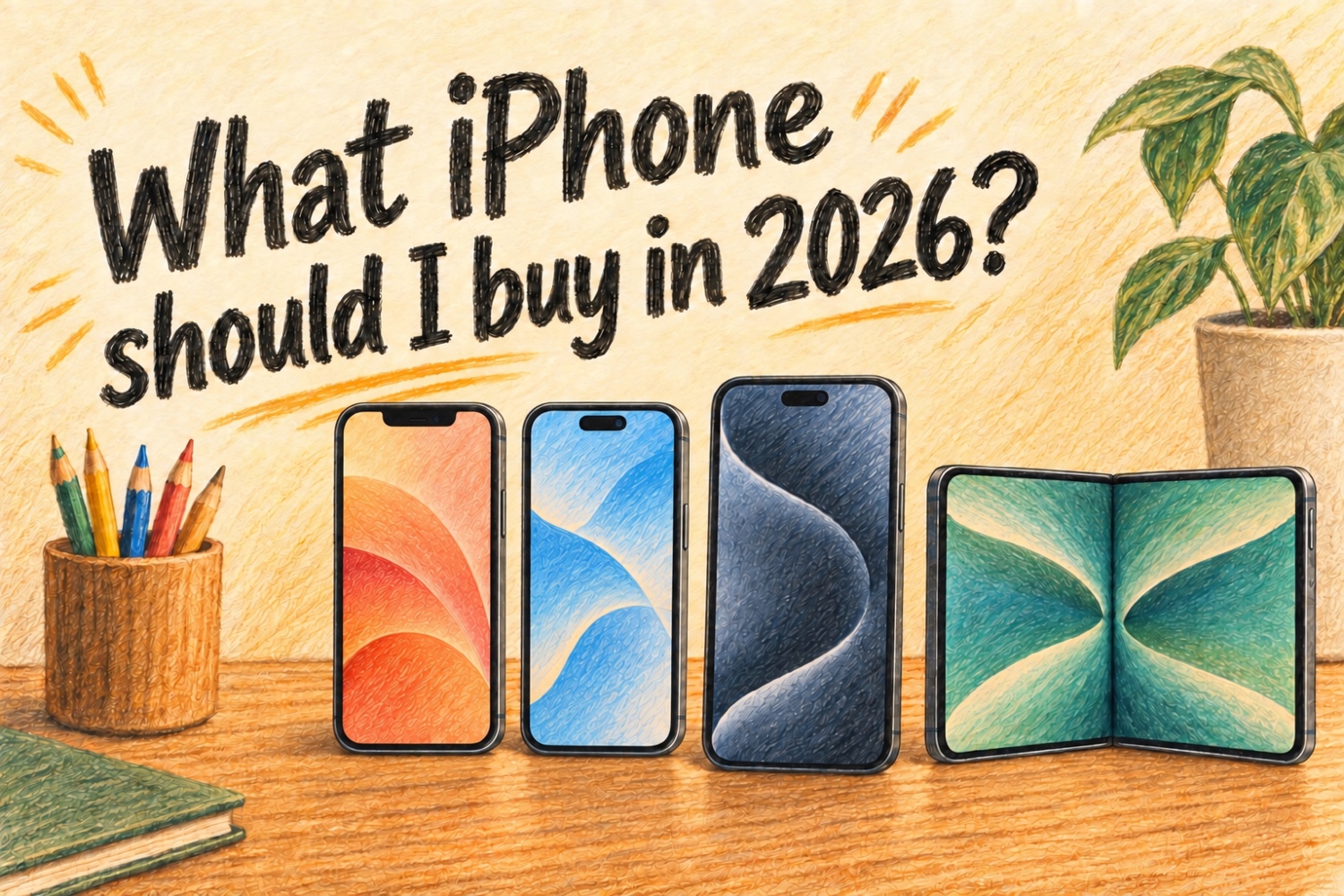 Colored-pencil illustration of four current iPhone models, including a foldable, with the title What iPhone should I buy in 2026?
