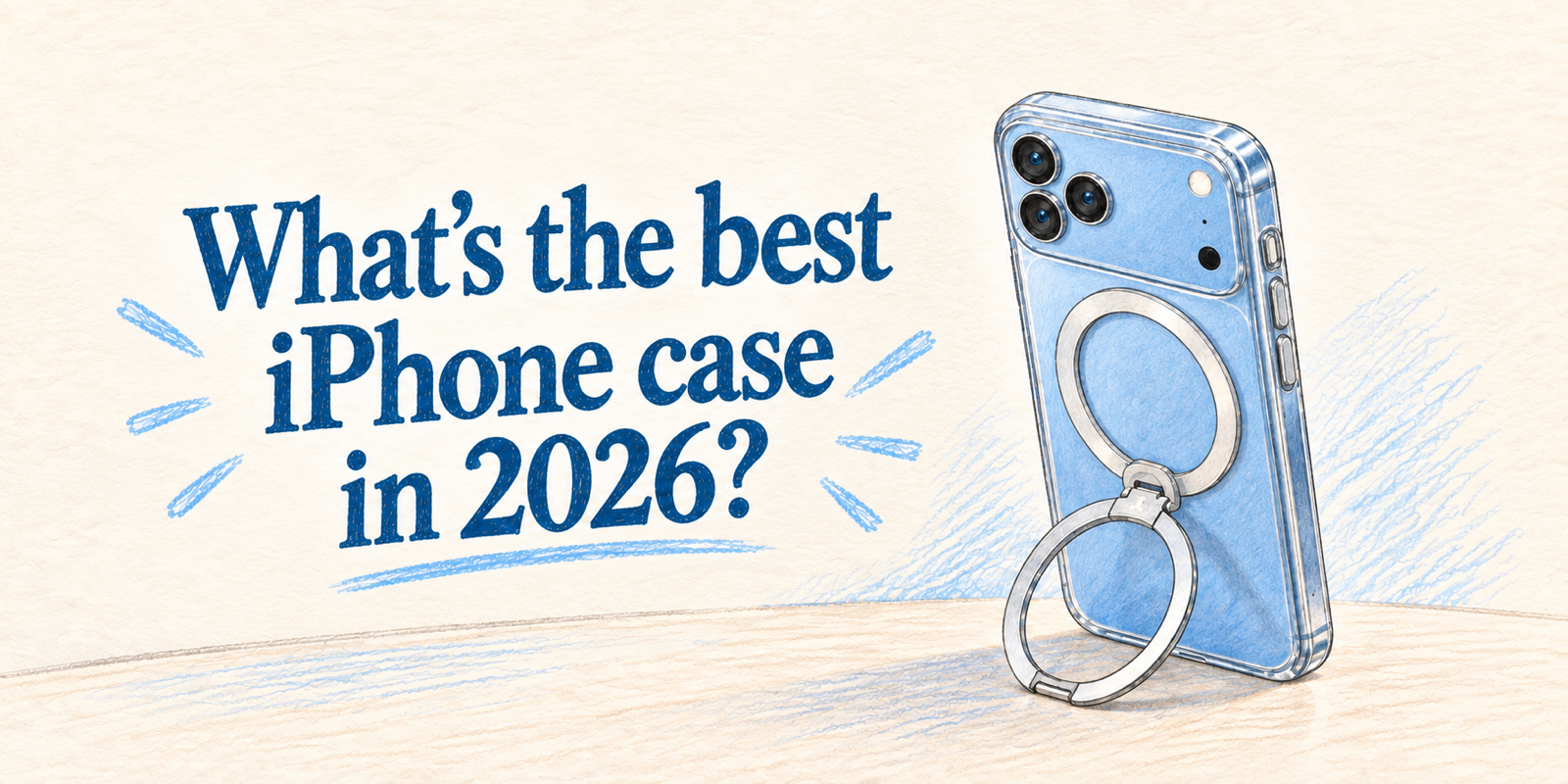 Pencil-drawn blue iPhone in a case with a silver ring kickstand