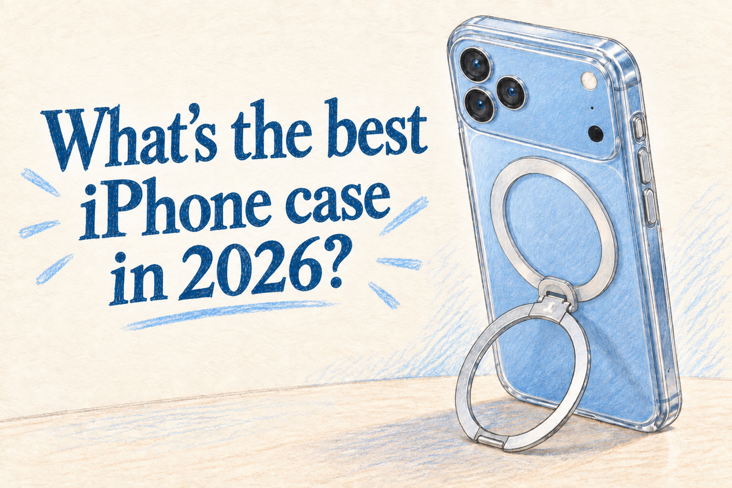 Pencil-drawn blue iPhone in a case with a silver ring kickstand