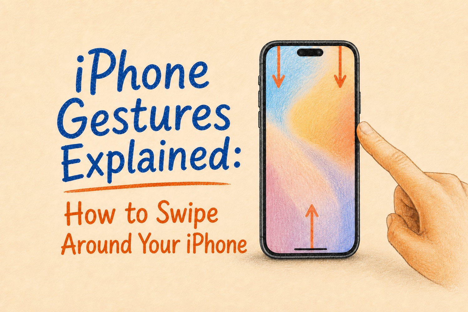 Colored-pencil illustration of a finger touching an iPhone edge, with arrows showing two downward swipes and one upward swipe