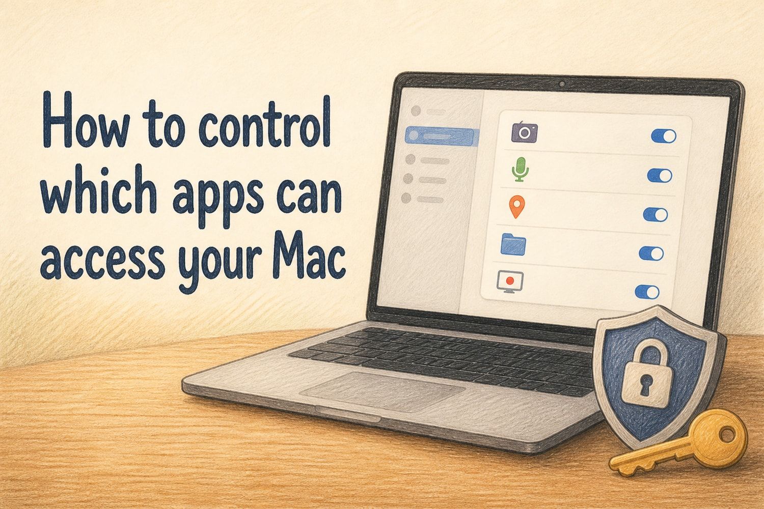 Colored-pencil illustration of a Mac permissions panel beside a shield and key, with the title How to control which apps can access your Mac