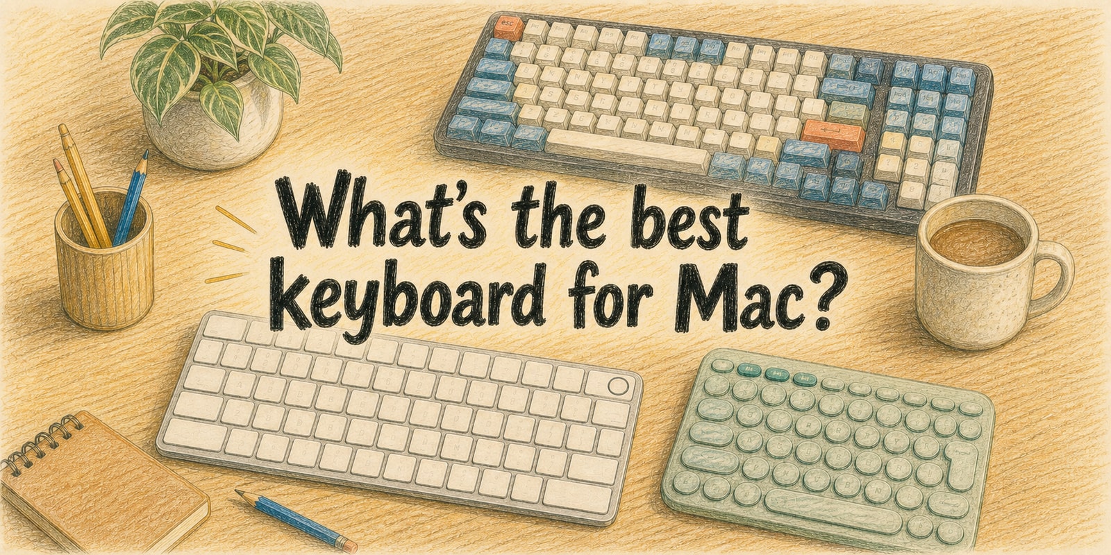 Colored pencil illustration of several keyboards on a wooden desk, including an Apple Magic Keyboard and a mechanical keyboard with visible keycaps