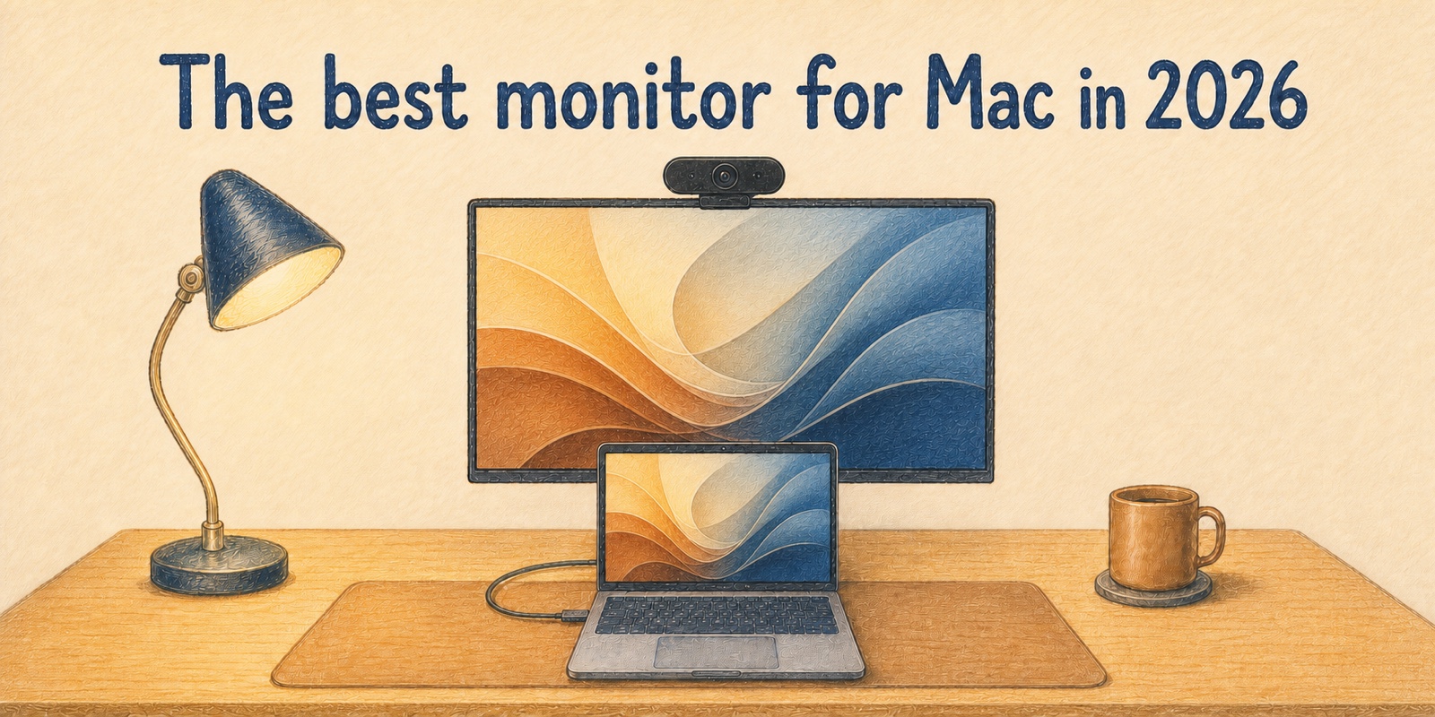 Colored pencil illustration of a laptop connected to a large monitor with a webcam, both displaying an abstract gold-and-blue wallpaper beneath the headline The best monitor for Mac in 2026.