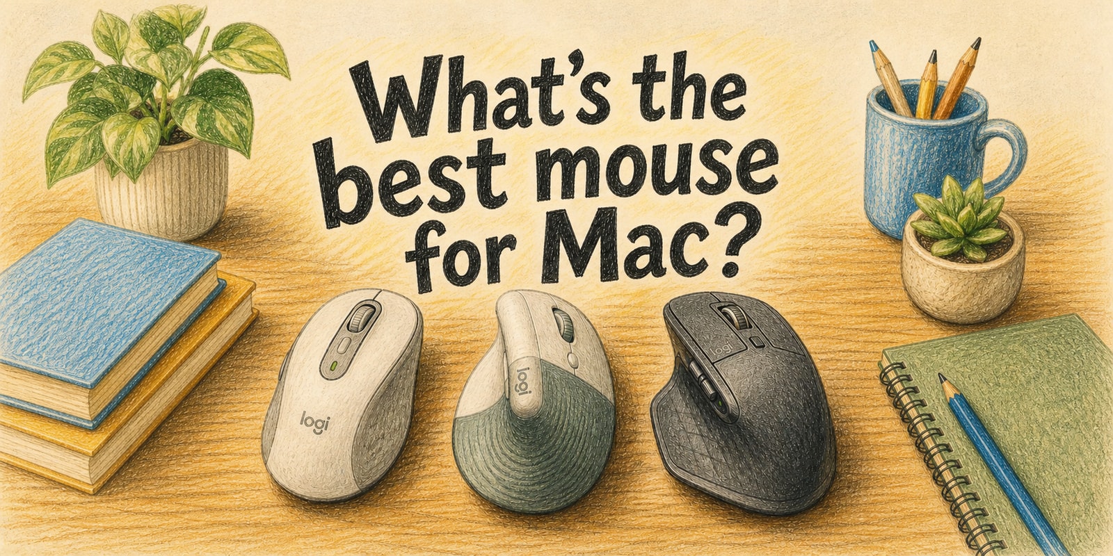 Three mice arranged on a wooden desk: a compact mouse, a full-sized ergonomic mouse, and a vertical mouse, illustrated in colored pencil style
