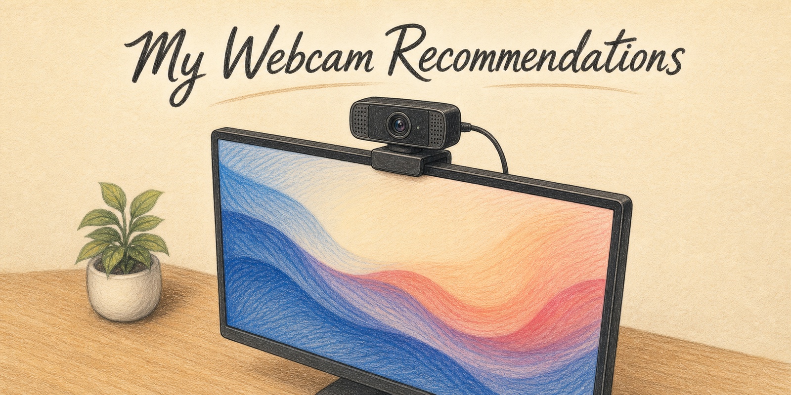 Colored pencil illustration of a webcam mounted on an angled desktop monitor displaying soft blue-and-red swirls beneath the headline My Webcam Recommendations.