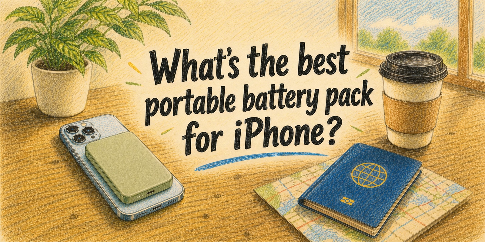 Colored pencil illustration of a slim magnetic battery pack attached to an iPhone on a wooden café table, with a passport and coffee cup nearby