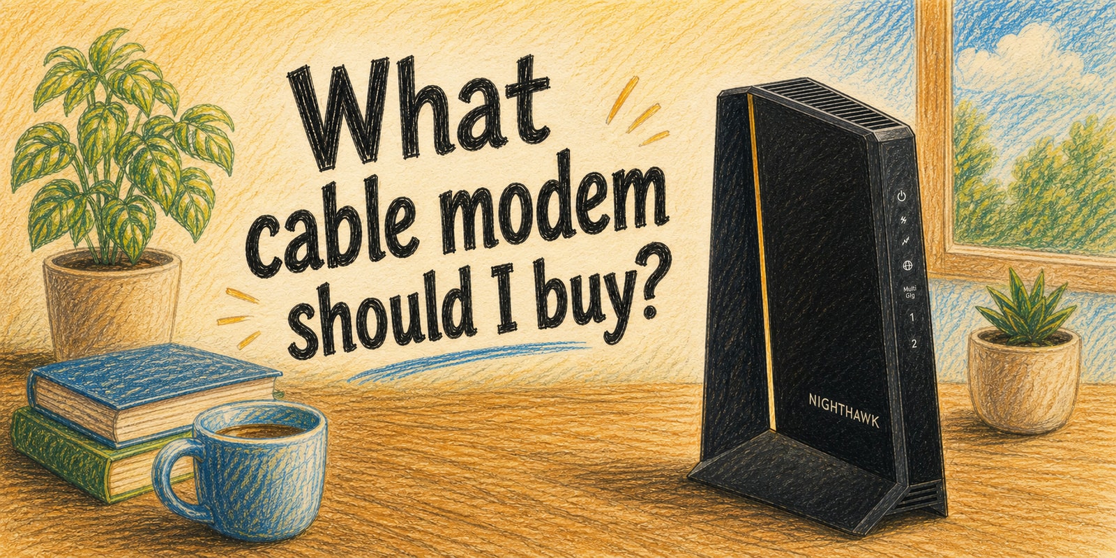 Colored pencil illustration of a cable modem on a wooden surface, with the text "What cable modem should I buy?