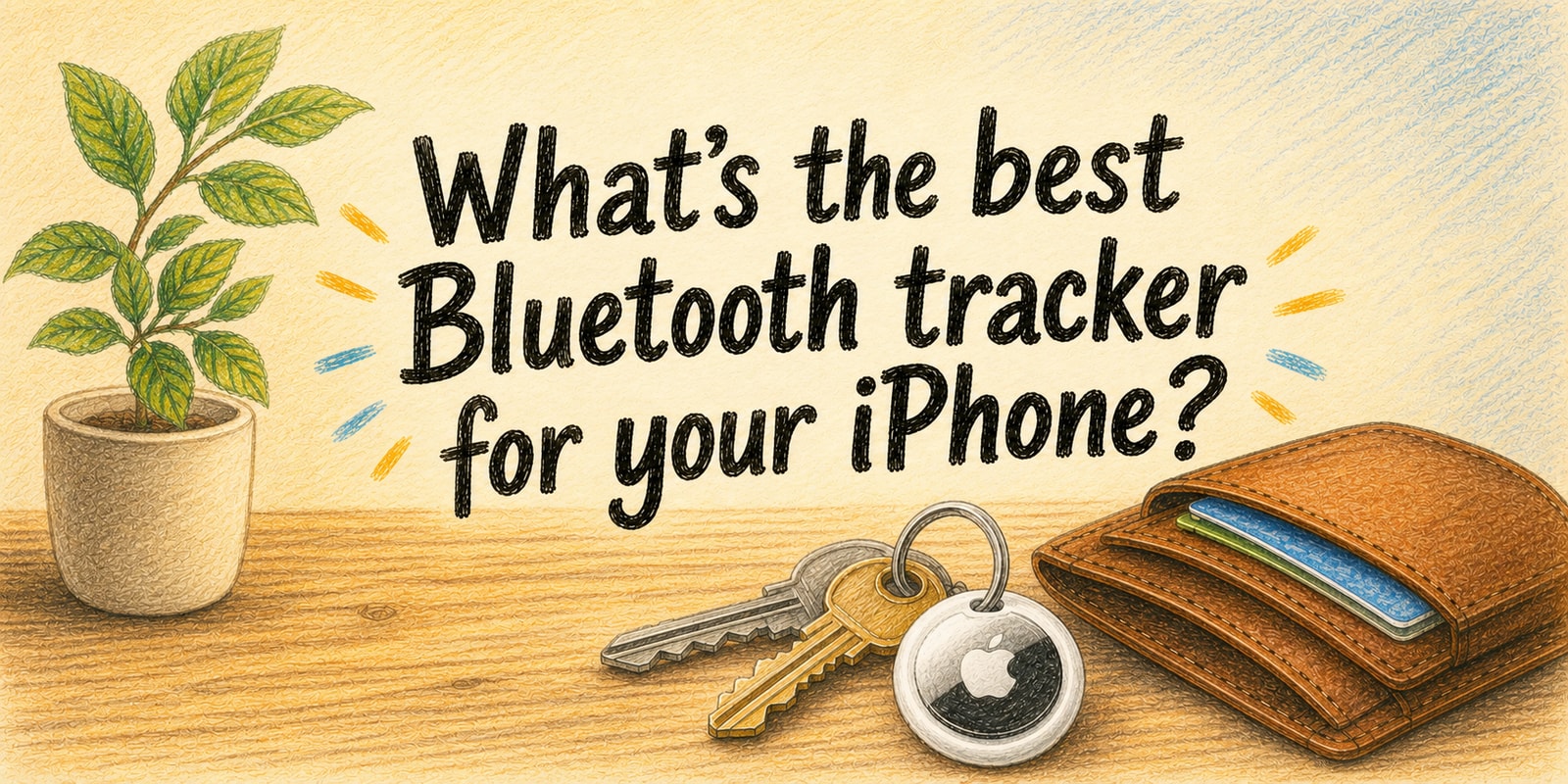 Colored pencil illustration of keys with a round tracker attached, next to an open wallet on a wooden surface