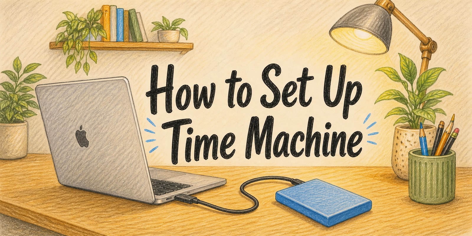 Colored pencil illustration of a MacBook connected to an external drive with the title How to Set Up Time Machine