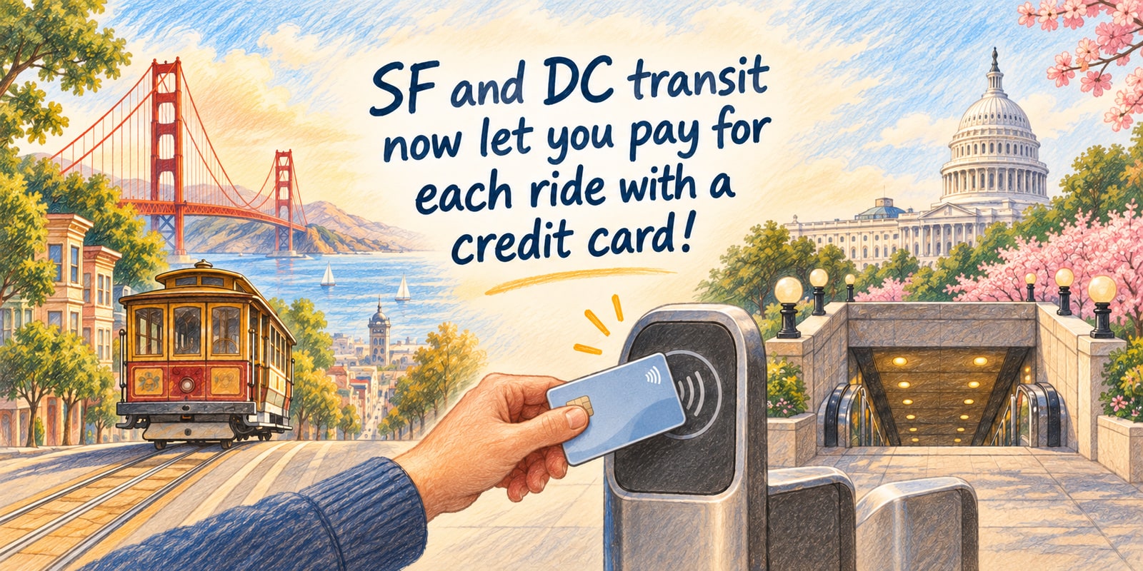 Colored pencil illustration of San Francisco and Washington, DC transit scenes with a contactless credit card tapping a fare reader beneath the article title.
