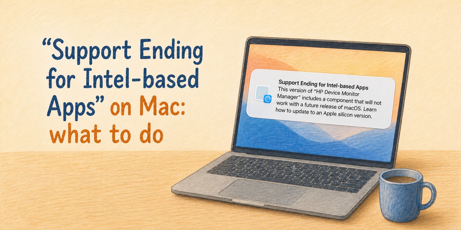 Colored-pencil illustration of a laptop displaying the Support Ending for Intel-based Apps notification beside the article title