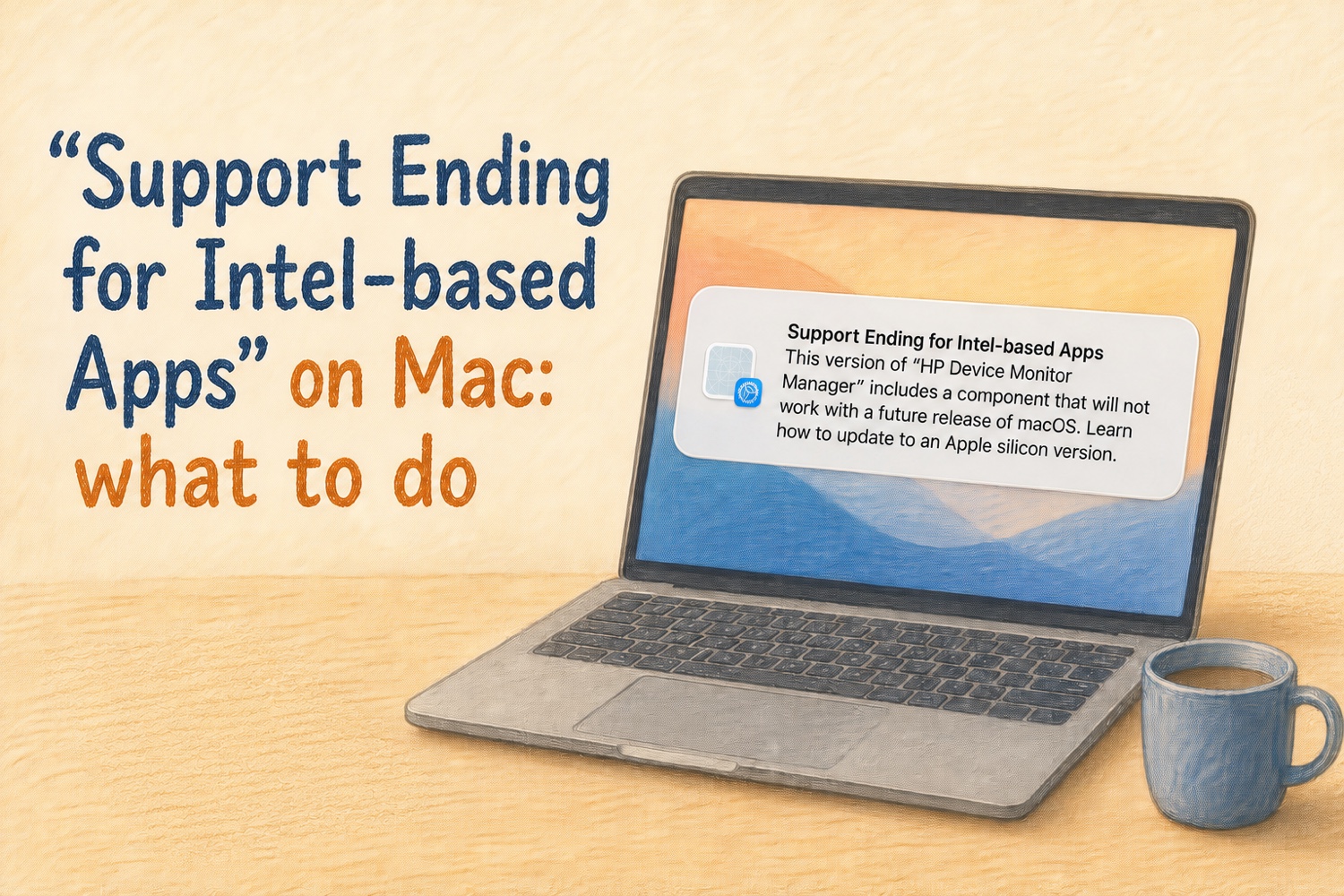 Colored-pencil illustration of a laptop displaying the Support Ending for Intel-based Apps notification beside the article title