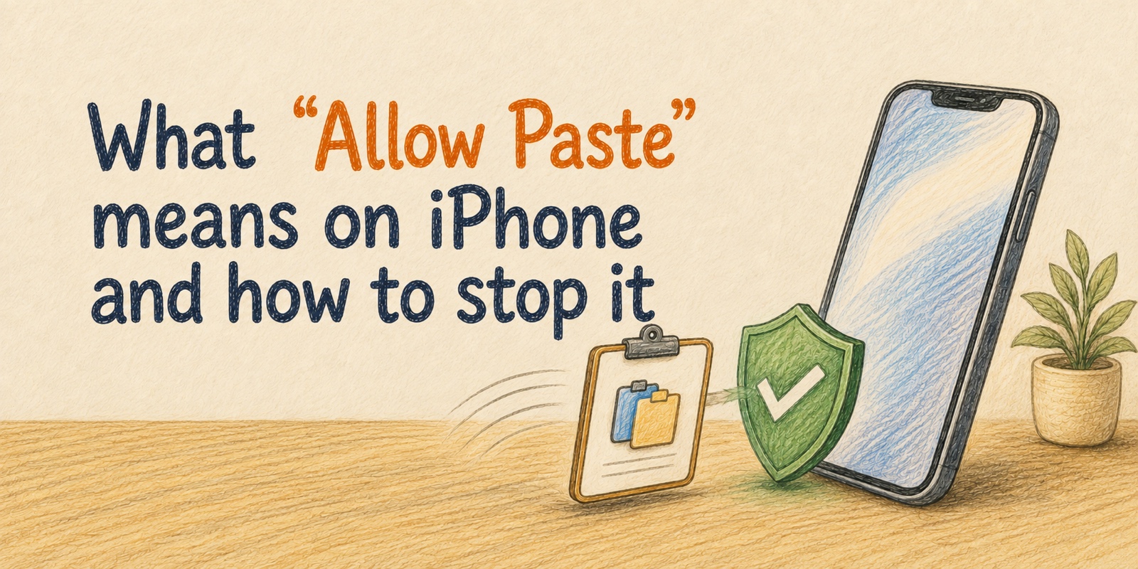 Colored-pencil illustration of a clipboard approaching a green privacy shield beside an iPhone, beneath the title What Allow Paste means on iPhone and how to stop it.