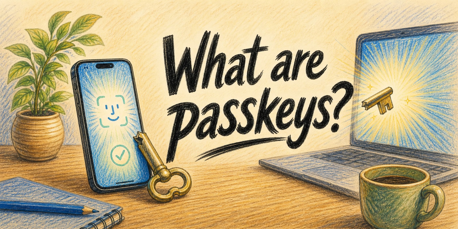 A split key beside an iPhone showing a Face ID prompt, illustrating how passkeys replace passwords