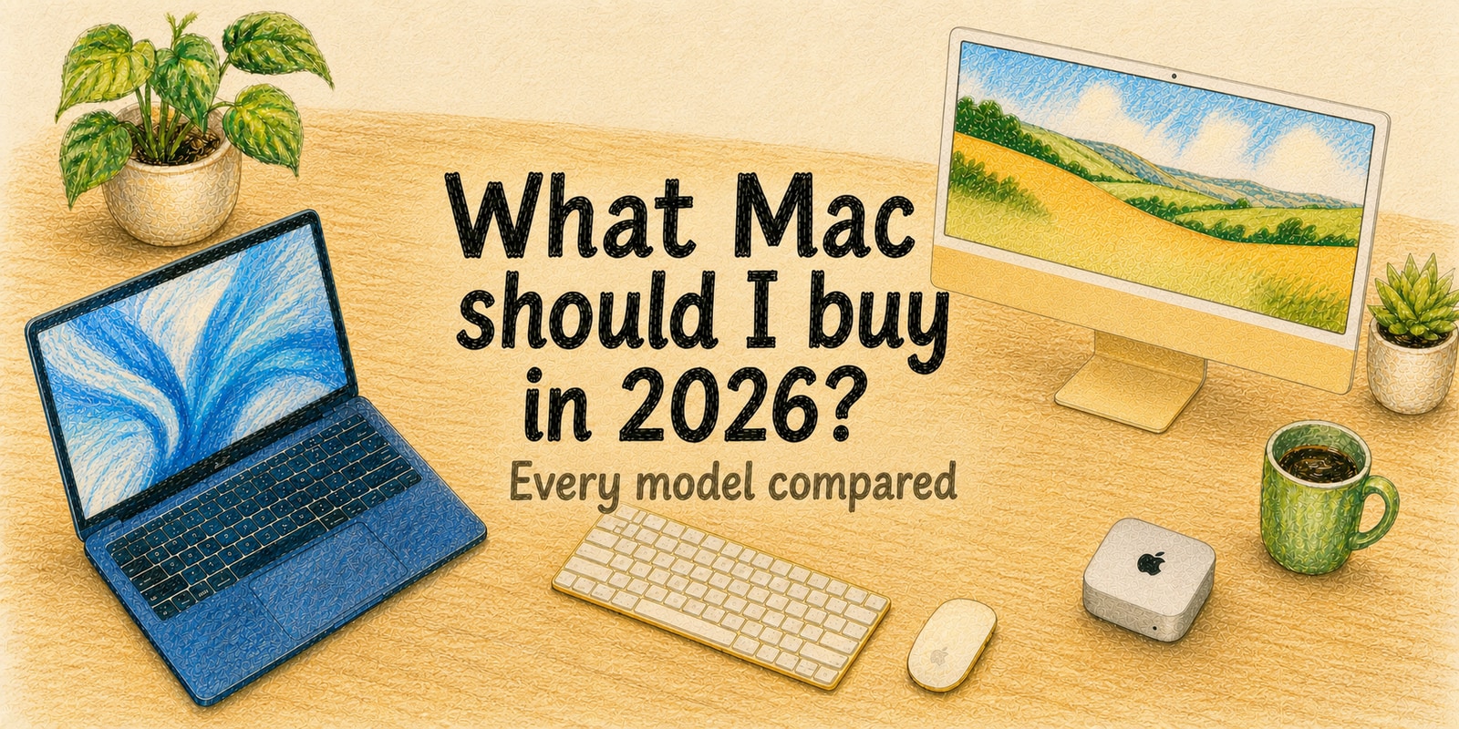 Colored-pencil illustration of a MacBook, iMac, and Mac mini with the title What Mac should I buy in 2026? and the subtitle Every model compared