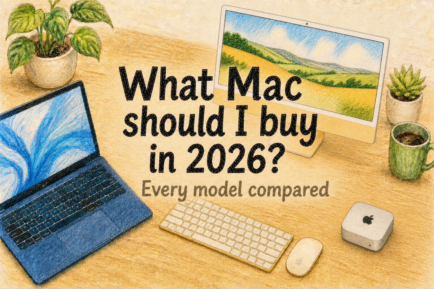 Colored-pencil illustration of a MacBook, iMac, and Mac mini with the title What Mac should I buy in 2026? and the subtitle Every model compared
