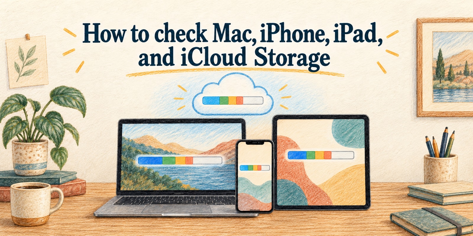Colored-pencil illustration of a Mac, iPhone, iPad, and cloud with storage usage bars