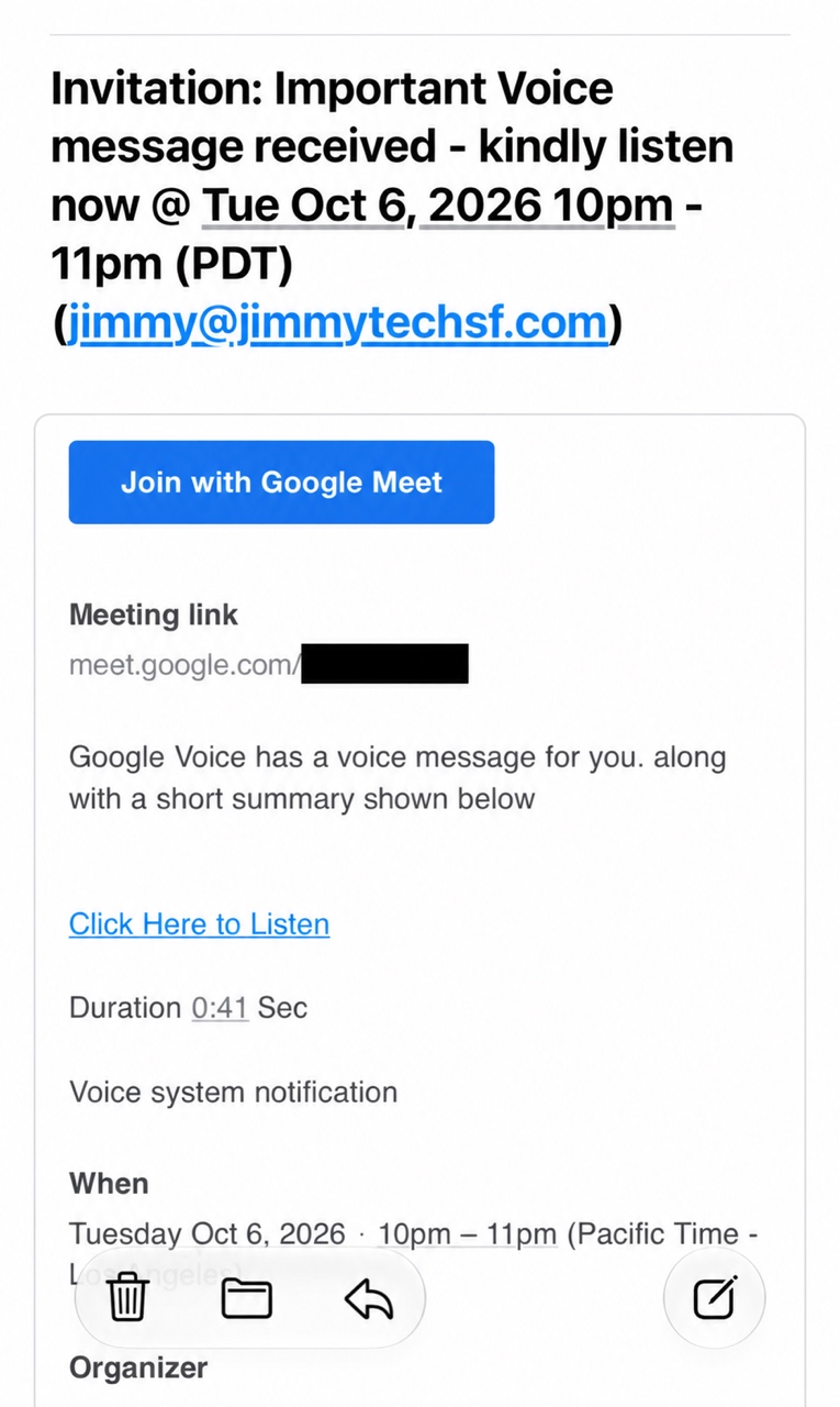 Google Calendar invitation claiming to contain a Google Voice message, with a Google Meet button and a separate Click Here to Listen link