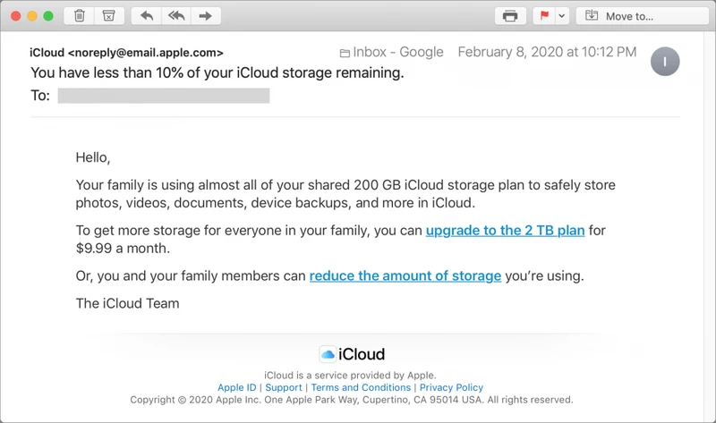iCloud alert warning that the account is running low on storage